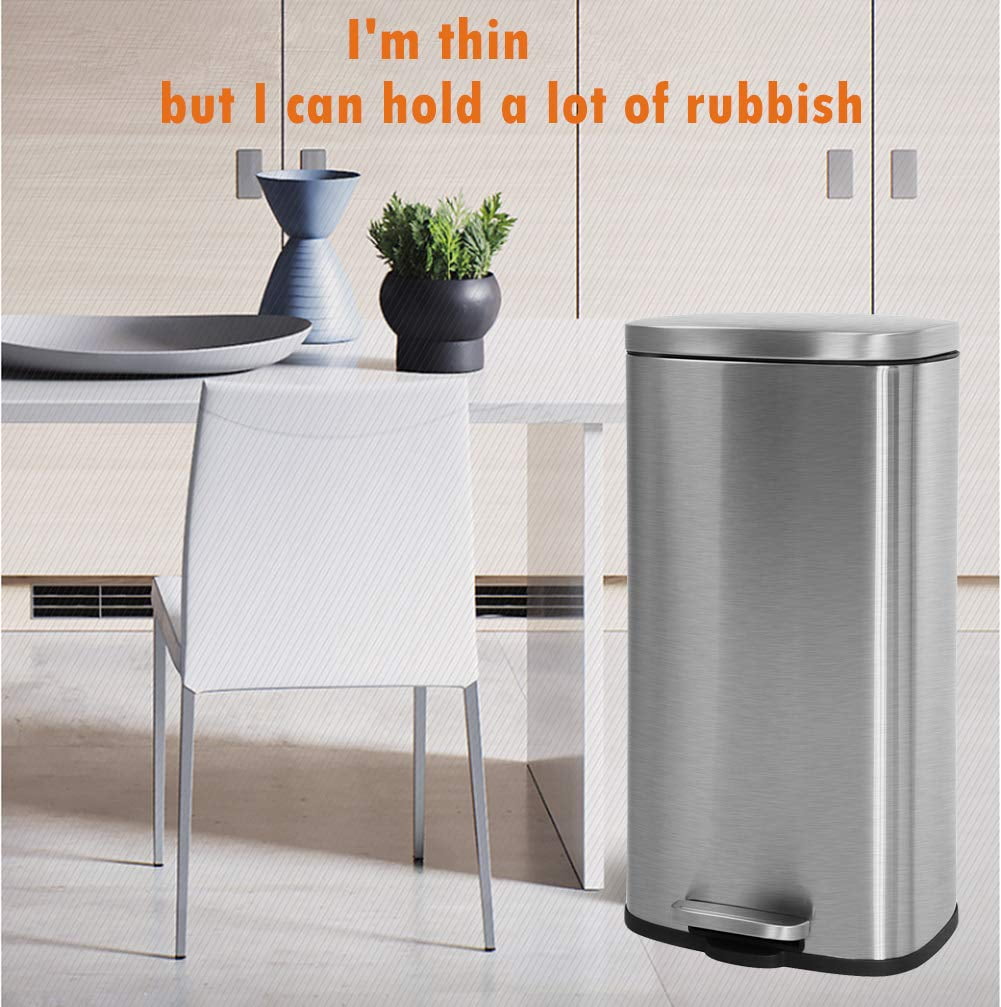 8 Gallon/30 L Kitchen Step Trash Can with Lid Brushed Stainless Steel Garbage Can with Plastic Inner Bucket Metal Pedal Waste Bin, Silver