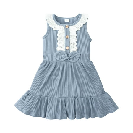 

Yubatuo Toddler Kids Baby Girls Lace Ribbed Sleeveless Bowtie Princess One-piece Dress Blue 110