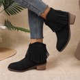 thumbnail image 6 of IEMIEMIEM Womens Cowboy Boots Boho Suede Ankle Western Cowgirl Boots Mid Calf Pointed Toe Low Heel Short Chunky Classic Fringe Booties Black 9 Wide, 6 of 9