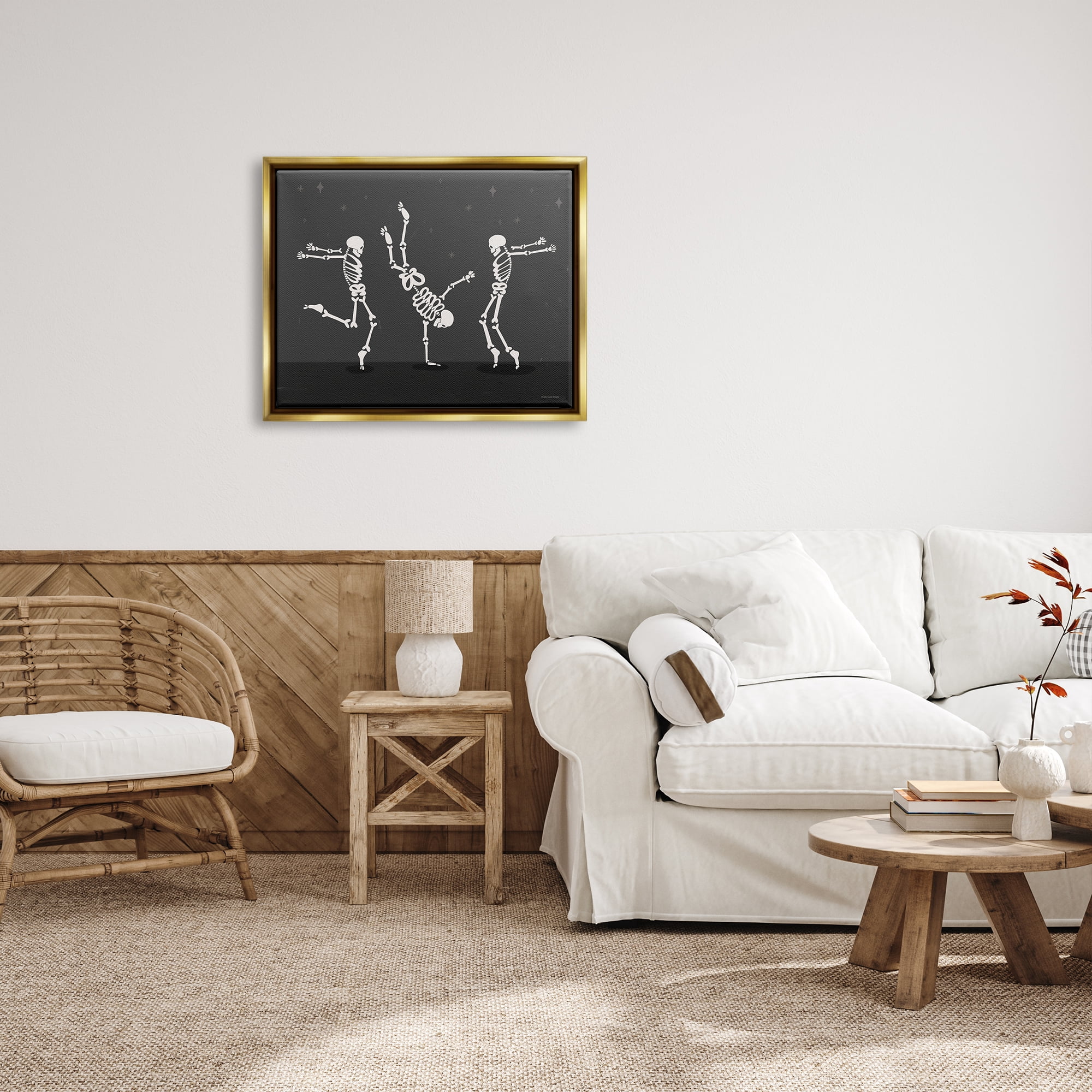 Stupell Industries Three Dancing Skeletons Holiday Painting Gold Floater Framed Art Print Wall Art, 31 x 25