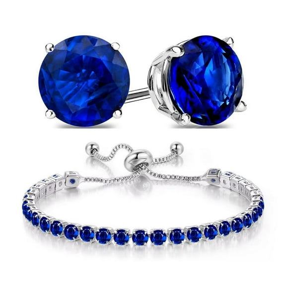 Paris Jewelry 10k White Gold 6 Ct Created Blue Sapphire Round Adjustable Tennis Bracelet and Earrings Set Plated