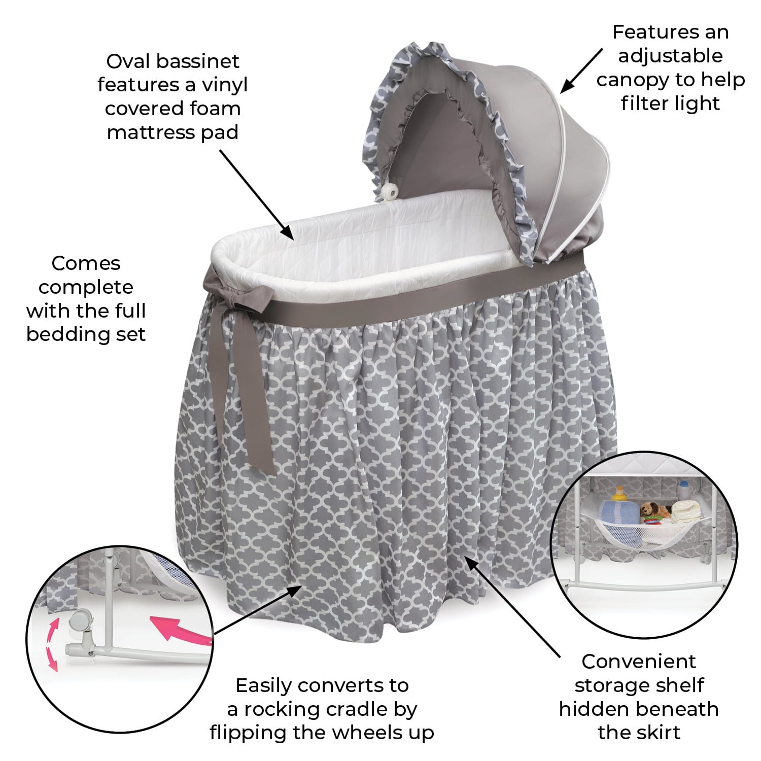 Badger Basket Wishes Oval Baby Bassinet Full Length Skirt Gray
