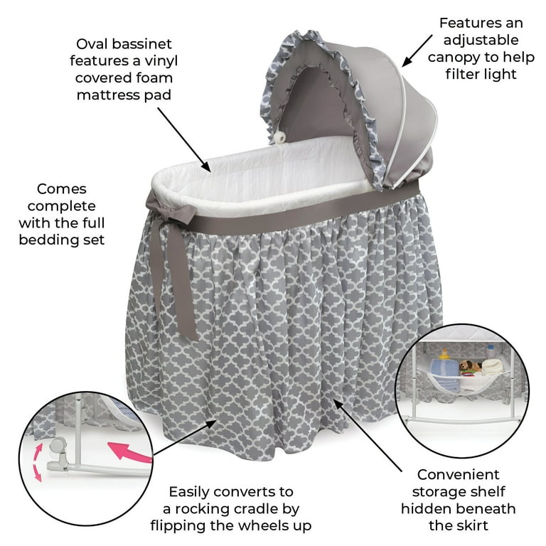 Badger Basket Wishes Oval Bassinet, Full Length Skirt, Gray Bedding