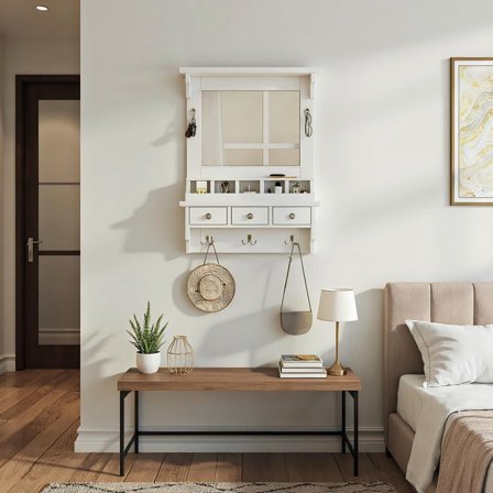 Resenkos Floating Makeup Vanity with Big Mirror, Wall-Mounted Storage Vanity with Drawers, Pockets and Hooks, White