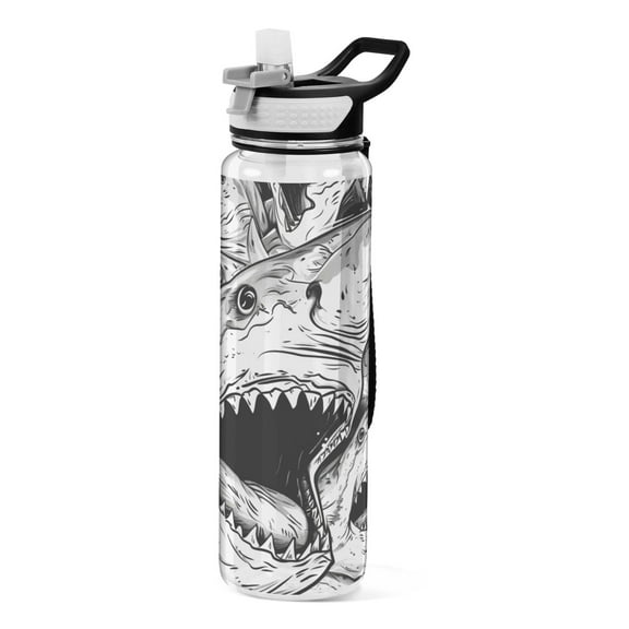 Sharks Grey Sports Water Bottle Portable Travel Mug 32oz BPA Free Leak Proof Straw Transparent Tritan for Gym Yoga Cycling Camping
