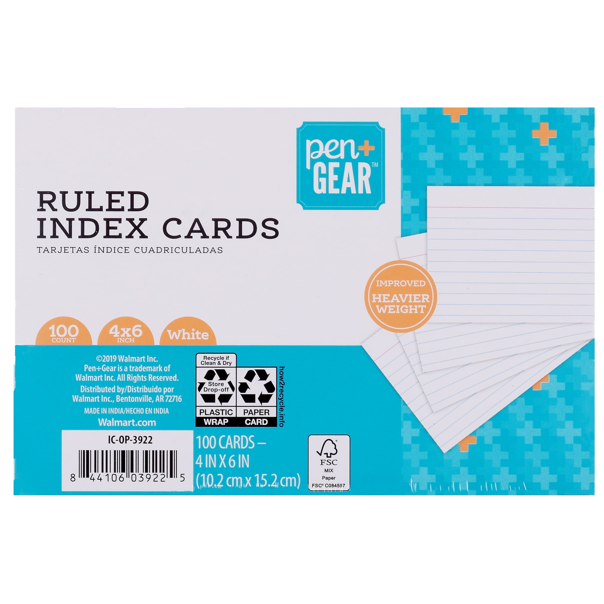 Pen+Gear Ruled Index Cards 100 Count 3X5" White 27c 