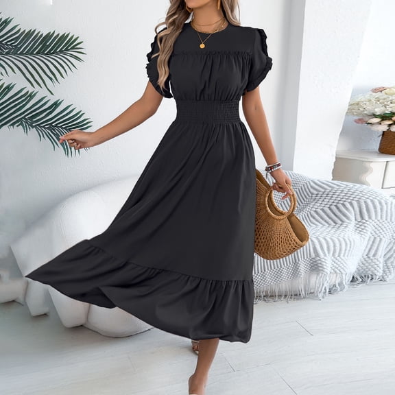 Taylonsss Womens Summer Casual Dress Flutter Sleeve Belted Midi Dress Elastic Comfort Fit Versatile Outfit