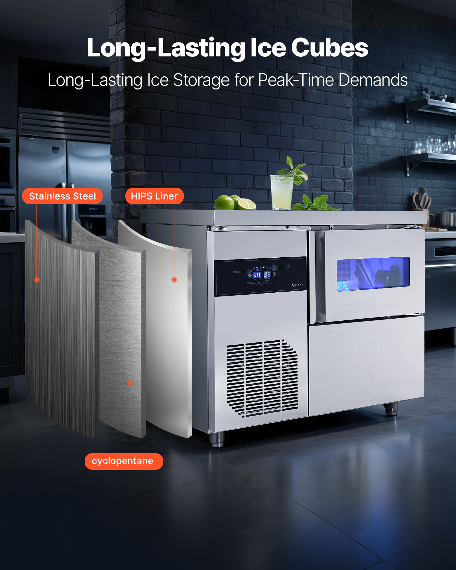 VEVOR Commercial Ice Maker Machine, 132 lbs/24H Stainless Steel Ice Machine with Worktop, 30 lbs Storage & 70 Cubes/Cycle,Self-Cleaning Freestanding Ice-Making for Home Bar Office Restaurant Kitchen