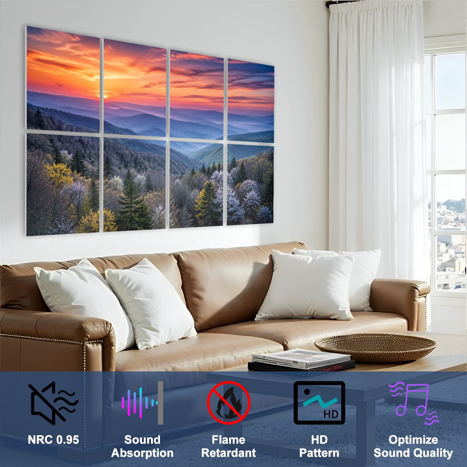 8 Pack Art Acoustic Panels Sound Absorbing Scenic Blue Ridge Parkway Appalachians Smoky Mountains Spring Decorative Soundproof Wall Panels Self Adhesive for Nursery Game Room Bedroom 48"x32"
