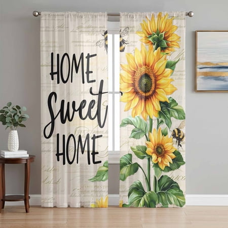 Sunflower Semi Sheer Curtains 72 Inch Length 2 Panels Set Summer Botanical Bee Farmhouse Watercolor Sheer Kitchen Curtain Privacy Voile Window Curtain for Living Room Bedroom Rod Pocket Drapes