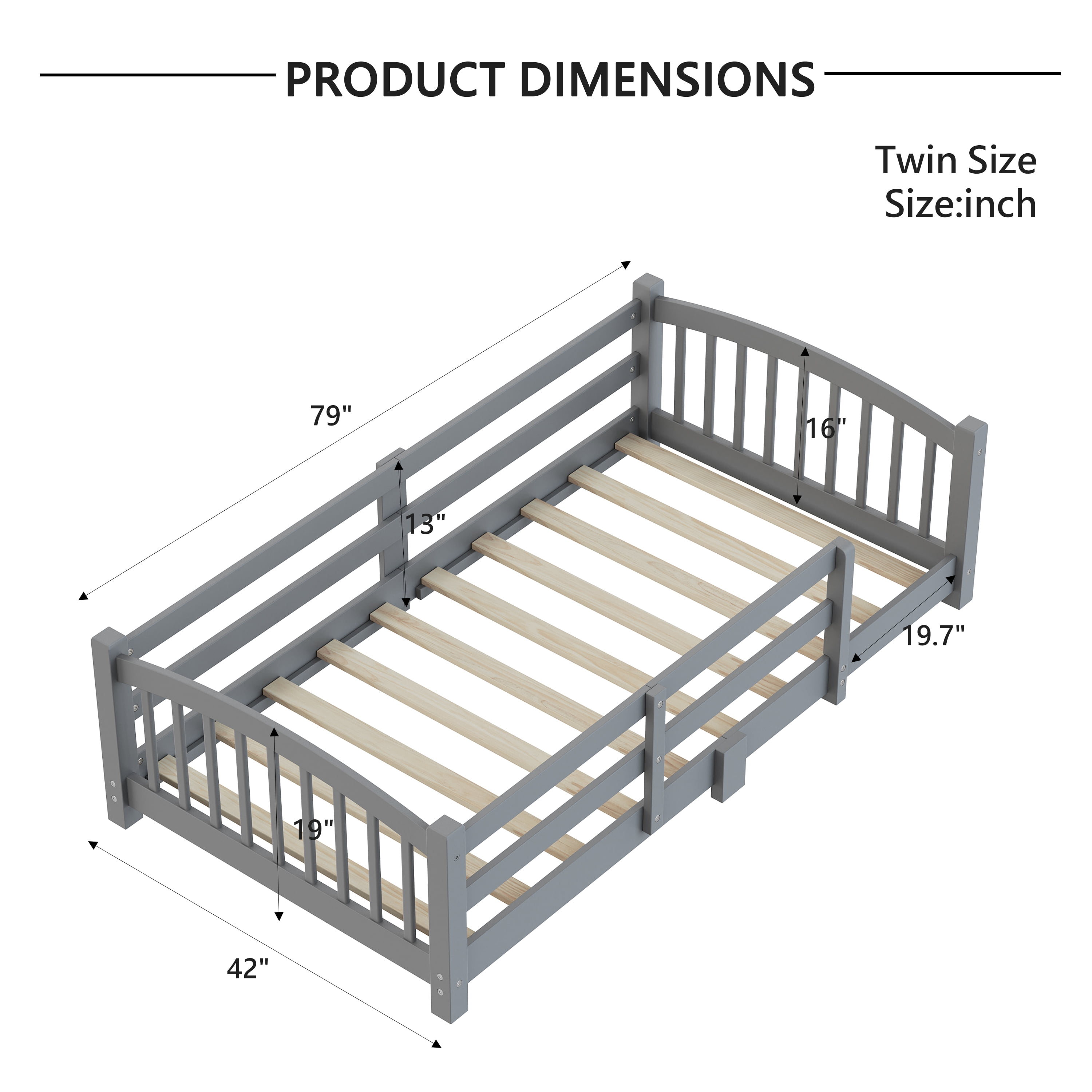 Harper & Bright Designs Twin Montessori Floor Bed with Safety Guardrails, Solid Wood Floor Bed with Fence for Girls and Boys Bedroom, Gray