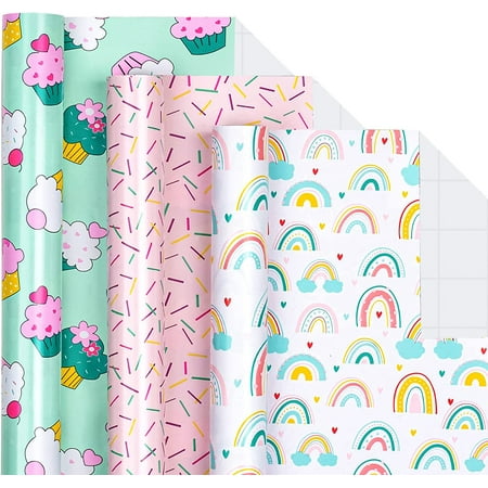 Mini Wrapping Paper Roll - Mini Roll - Cupcake/Rainbow/Colorful Stripe for Birthday, Party, Holiday, Baby Shower - 17 x 120 inches - 3 Rolls (42.5 sq.ft.ttl.)