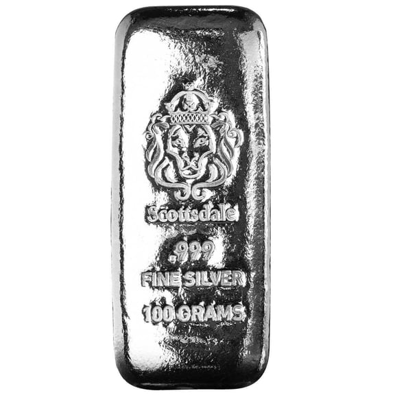 100 gram Silver Bar - Scottsdale Mint Cast Lion Hallmark .999 Fine Silver Bullion Bar
