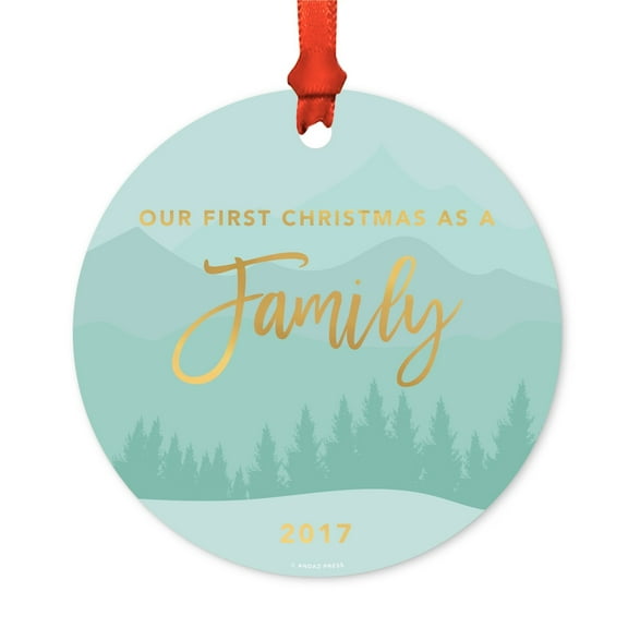 Metal Christmas Ornament, Our First Christmas as a Family 2017, Winter Wonderland Forest, Includes Ribbon and Gift Bag