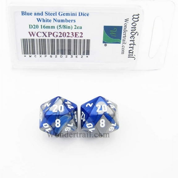 Blue and Steel Gemini Dice with White Numbers D20 Aprox 16mm (5/8in) Pack of 2 Wondertrail