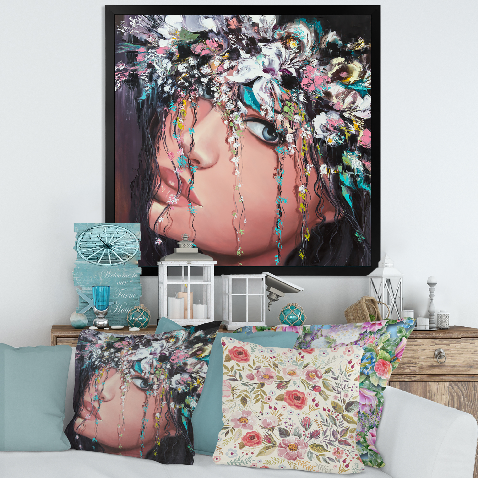 Designart 'Portrait Of A Young Woman With Flowers II' Modern Framed Art Print