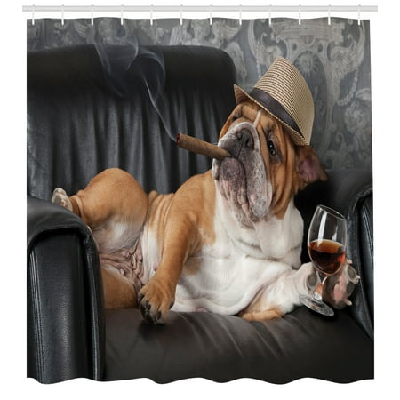 Bulldog Shower Curtain Humorous Photo Of A Gentleman Dog Resting In Bulldog Shower Curtain Humorous Photo Of A Gentleman Dog Resting In Chair With Glass