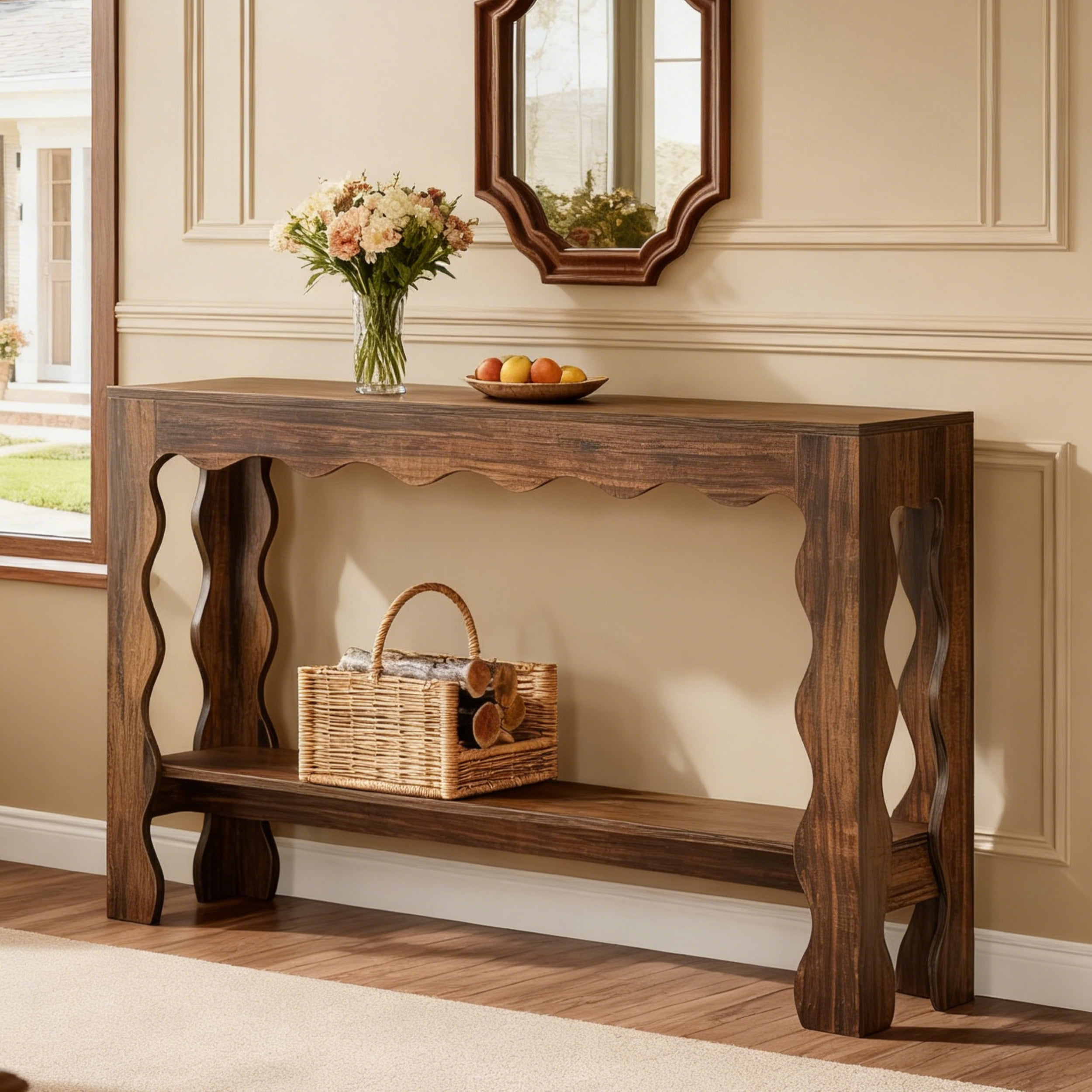 Fnova 63" Farmhouse Console Table with 2-Tier Storage Shelf, Scallop Design Entryway Table, Narrow Sofa Table for Living Room, Hallway, Foyer