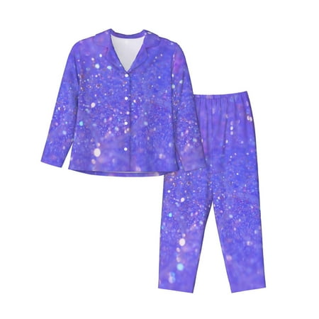 Jgfou Purple Glitter Pattern Fashion Long Sleeve Button Cardigan Pajamas Set Loose Two-Piece Sleepwear For Women with Long Pants-Medium