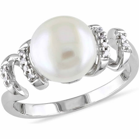 Miabella 9mm-9.5mm White Button Cultured Freshwater Pearl and Diamond-Accent Sterling Silver Swirl Ring