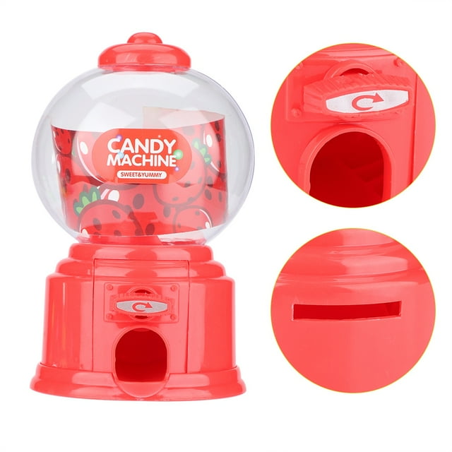 máquina de dulces, máquina de dulces portátil para niños máquina de dulces para niños máquina de dulces de plástico mejore su experiencia multicolor. Vista frontal centrada de mini dispensador de dulces en plástico ABS rojo con globo transparente superior, palanca giratoria frontal, boquilla de salida inferior y ranura tipo hucha trasera; apto para chicles y pequeños snacks, tamaño aprox. 14 x 8.5 cm.
