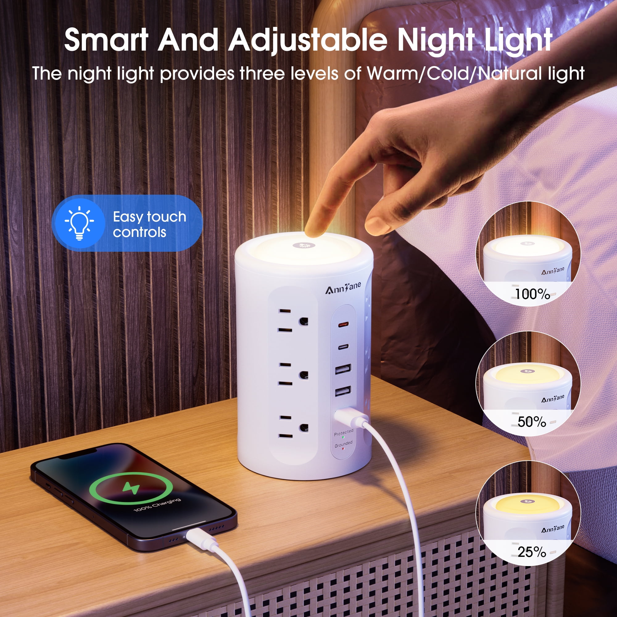 12 Outlets Power Strip Tower with Night Light, Surge Protector with 5 USB(4U+2C) Ports 10 FT Extension Cord, White