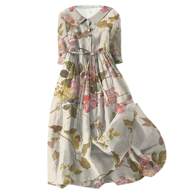 Pisexur Robe d'Automne pour Femme 2024 Mode Robe de Retour à la Maison à Imprimé Floral Manches Courtes Col Rabattu Robe Maxi Décontractée Fluide Tunique à Col en V Boutonnée avec Cordon Robe de Vacances Robe Grande Taille P-4TG