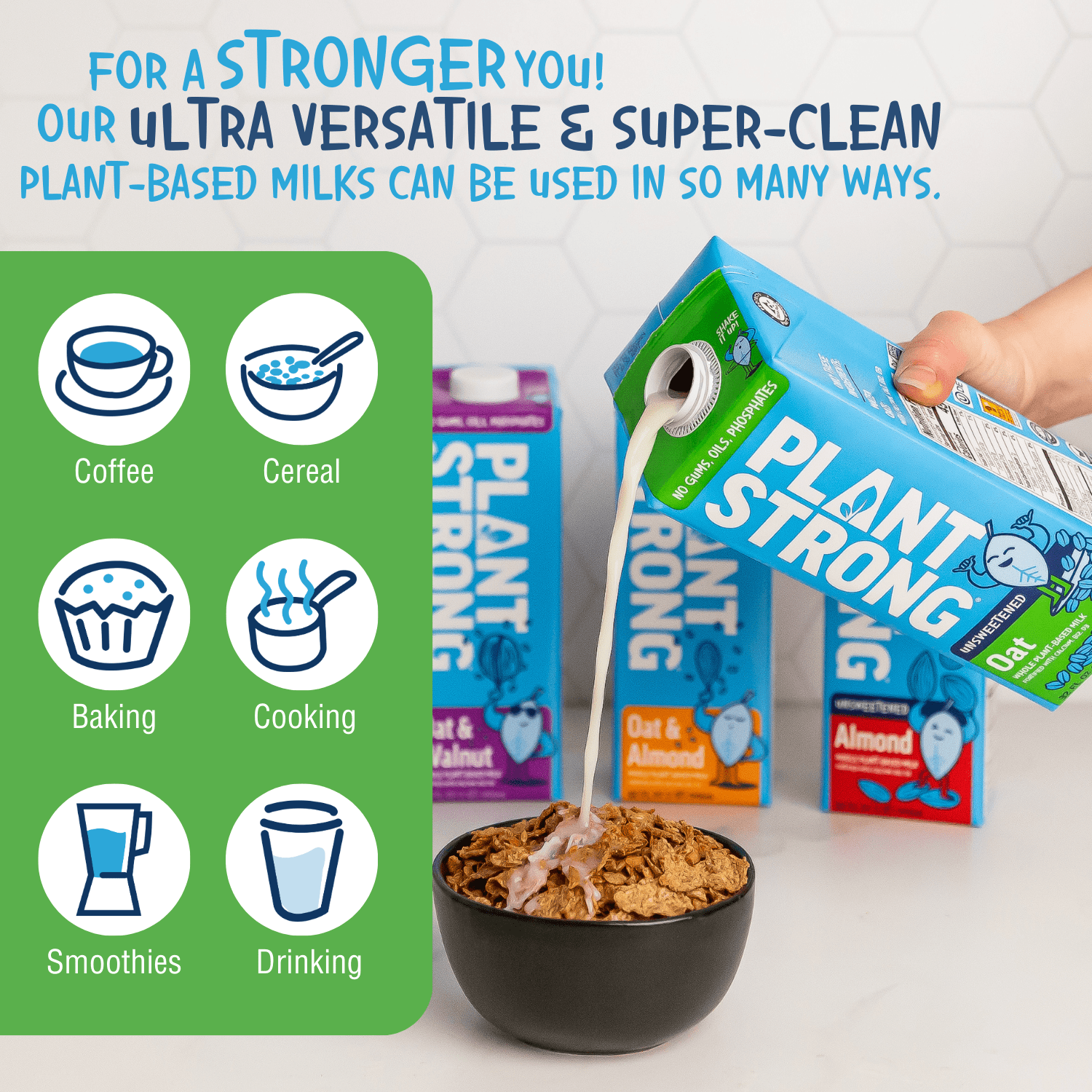 (3 pack) PLANTSTRONG Unsweetened Oat Milk - Whole Fortified Plant Milk