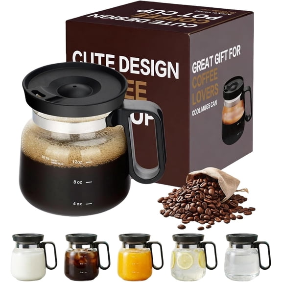 Mini Coffee Pot Mug, 16oz Glass Carafe with Spill Proof Lid, Clear Tea Cup for Travel, Funny Gifts for Coffee Lovers