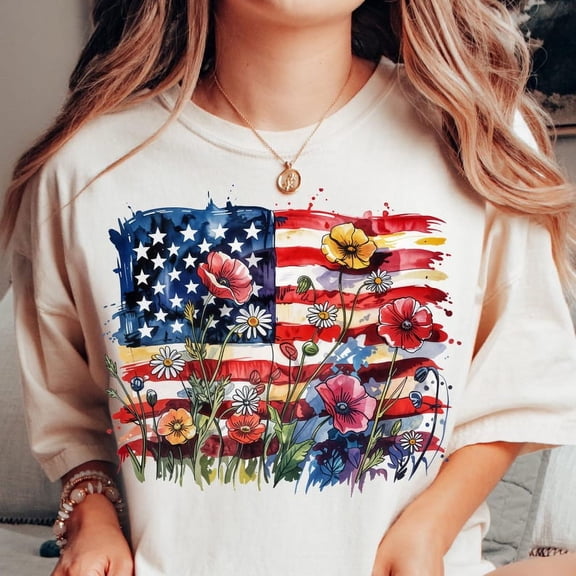 American Flag Floral T-shirt, Patriotic Wildflower USA Shirt, Boho 4th Of July Shirt, Poppy And Daisy Flag Shirt TH140530