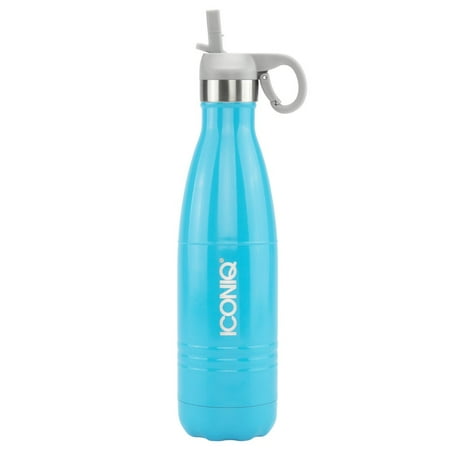 Stainless Steel Pop Up ICONIQ Stainless Steel Vacuum Insulated Water Bottle Includes Bonus Gray Pop Up Straw Cap, 17 Ounce (Gloss Blue) ()