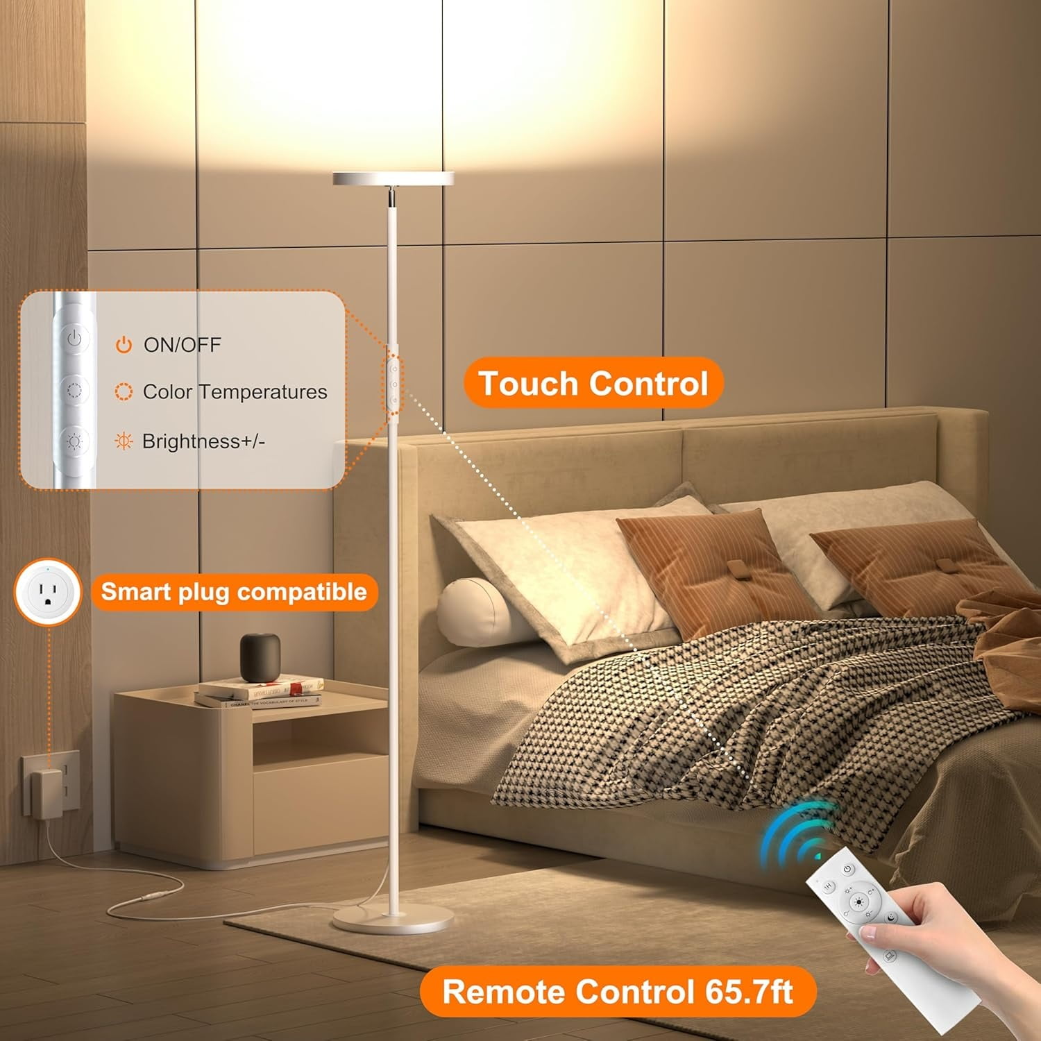 Floor Lamp for Living Room, Stepless Dimmable LED Standing Lamp with Remote and Touch Control, 69” Tall Corner Lamp for Bedroom Office Hotel, White