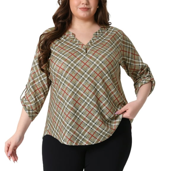 DARING DIVA Women's Plus Long Sleeve V Neck Casual Plaid Blouse 1X Khaki