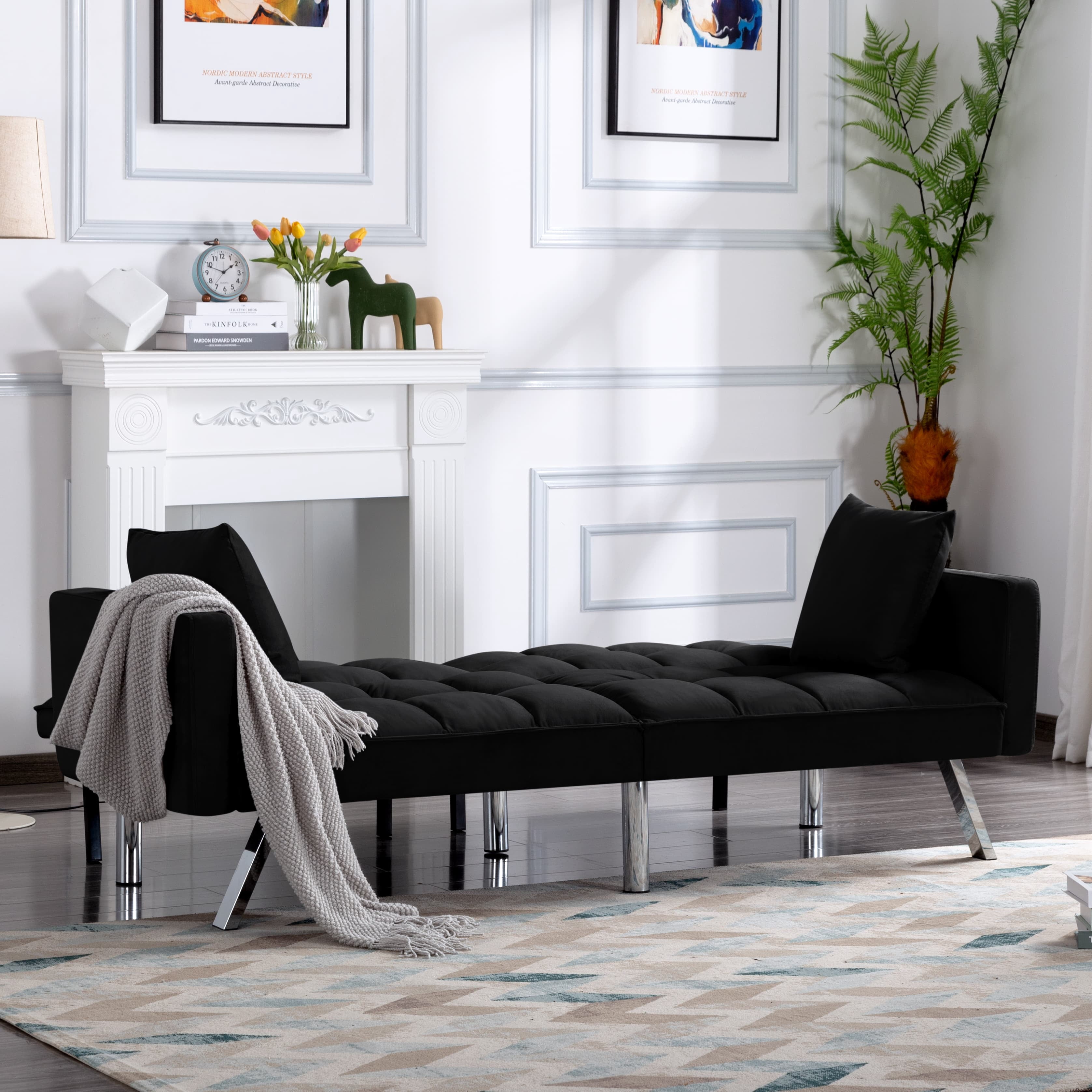 BSHTI Square-tufted Futon Sofa Bed,Twin Size,Black Velvet Fabric Sleeper Sofa,3 Angles for Adjusting Sleeper Sofa,for Home,Office,and Guest Room