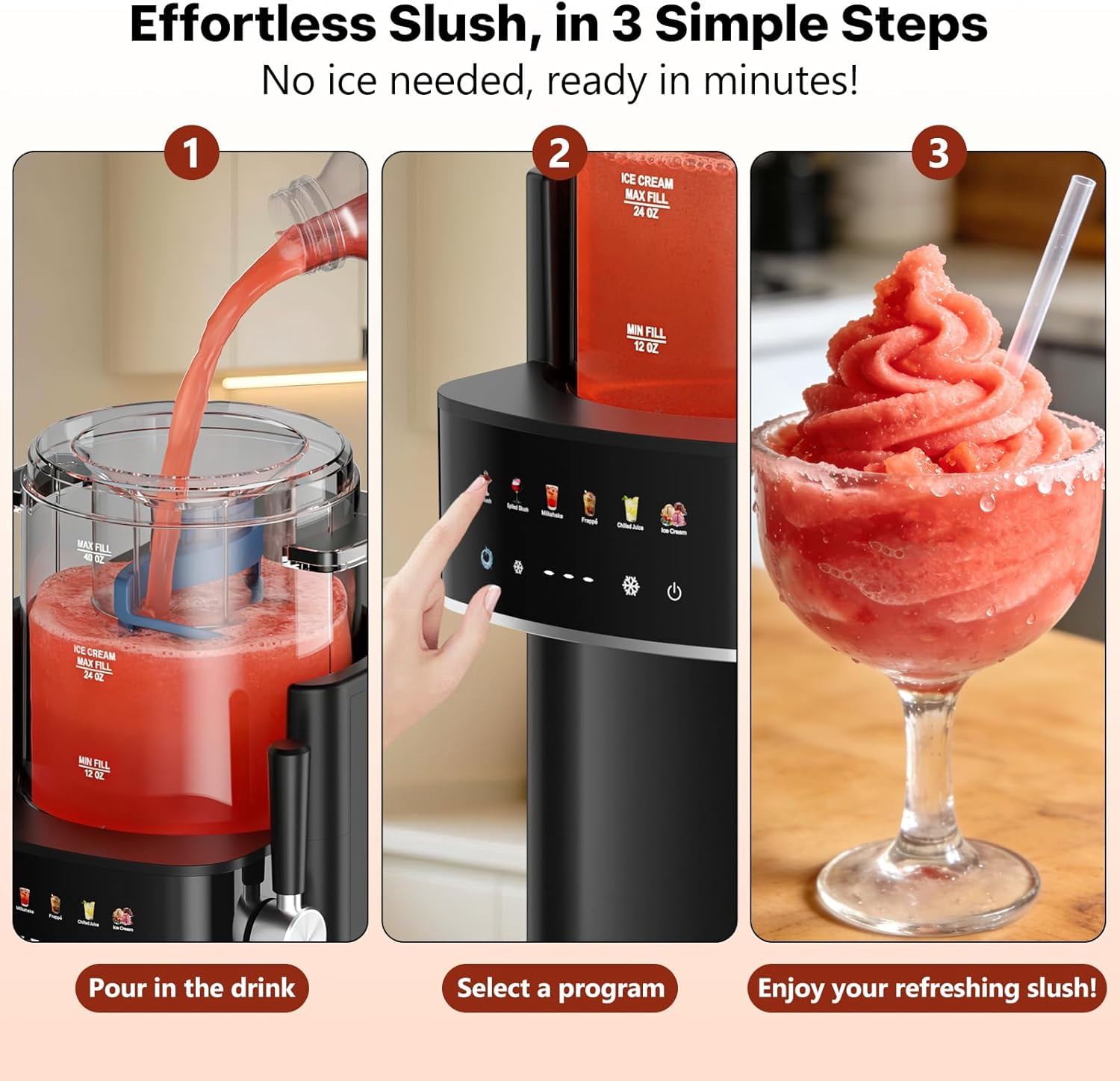 Slushie Machine, Electric Ice Cream Maker with Rapid Cooling & Temperature Control, Multi-functional Frozen Drink Maker for Margarita Frappe Cocktail, Easy Clean Household Slushy Maker Black