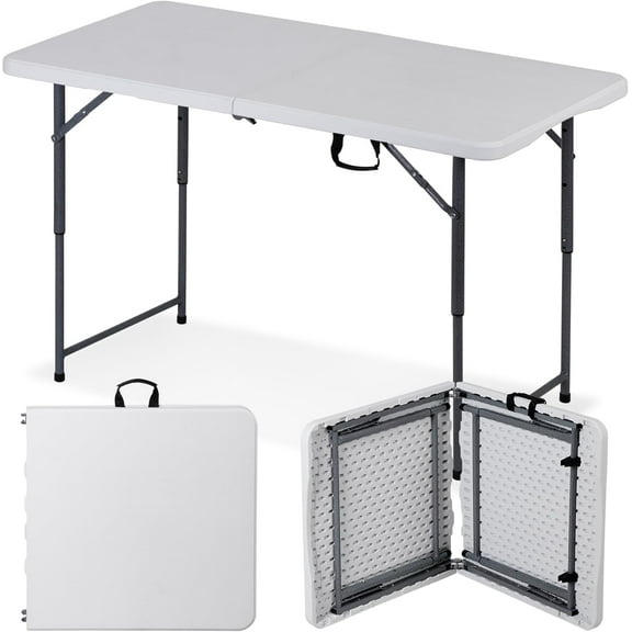 QRKD Portable 4 Foot Plastic Folding Table – Heavy Duty, Fold-in-Half with Carrying Handle – Ideal for Indoor & Outdoor Use