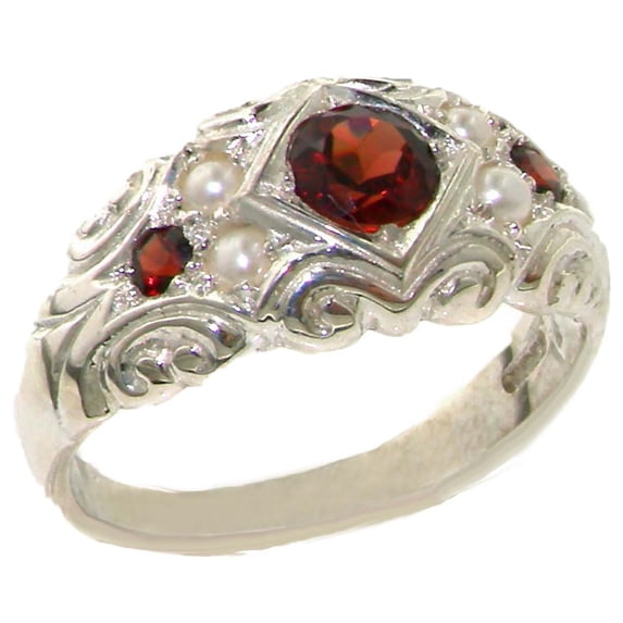 LBG 925 Sterling Silver Cultured Pearl and Real Genuine Garnet Womens Band Ring - Size 7