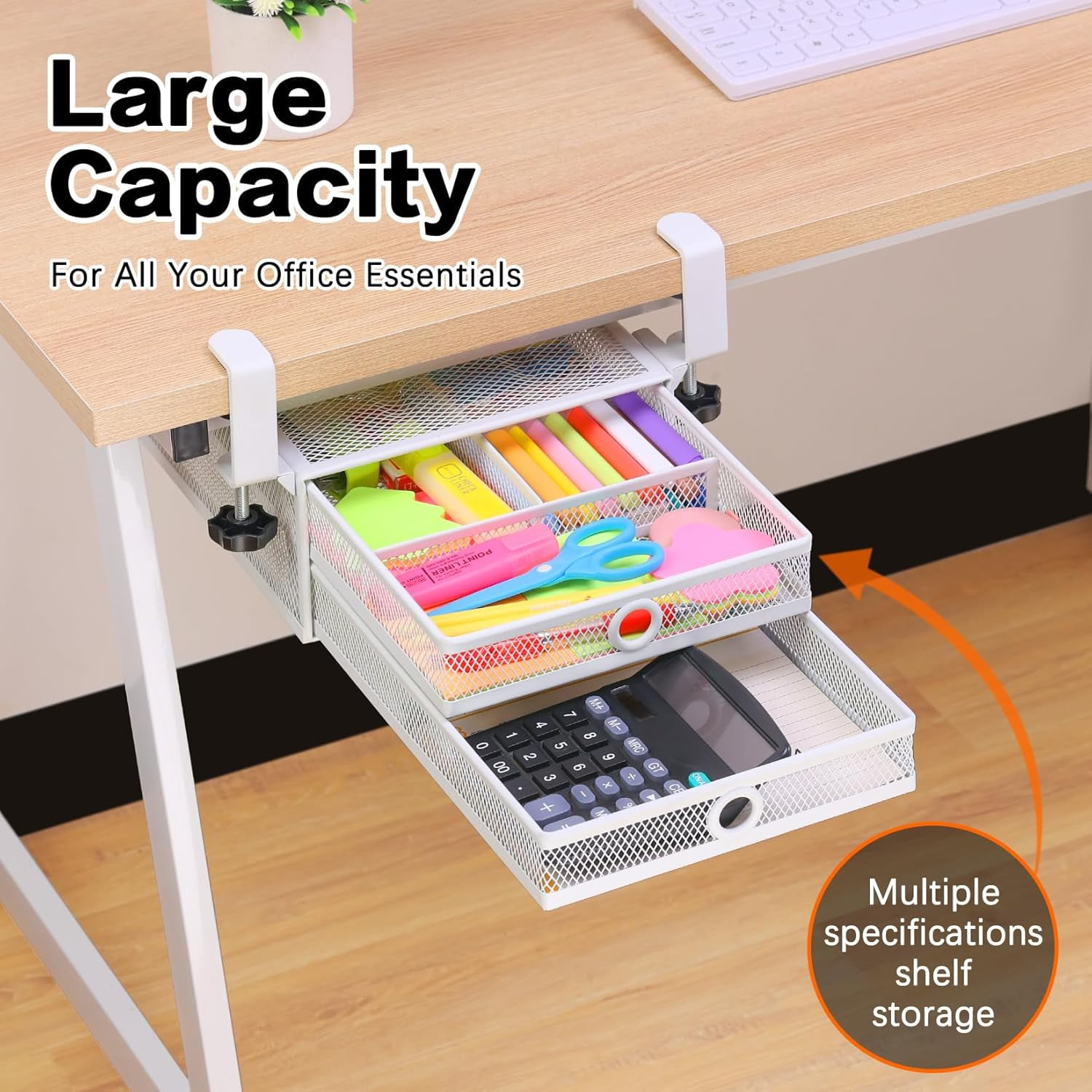 Under Desk & Desktop Drawer Organizer - 2-Tier Metal Slide Out Drawers Organizer, Storage for Home Office Desk (White)