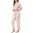 thumbnail image 4 of INSPIRE CHIC Women's Satin Pajamas Stripe Lounge Nightshirt Button Down Tops with Pants Pj Sets L Light Pink, 4 of 6