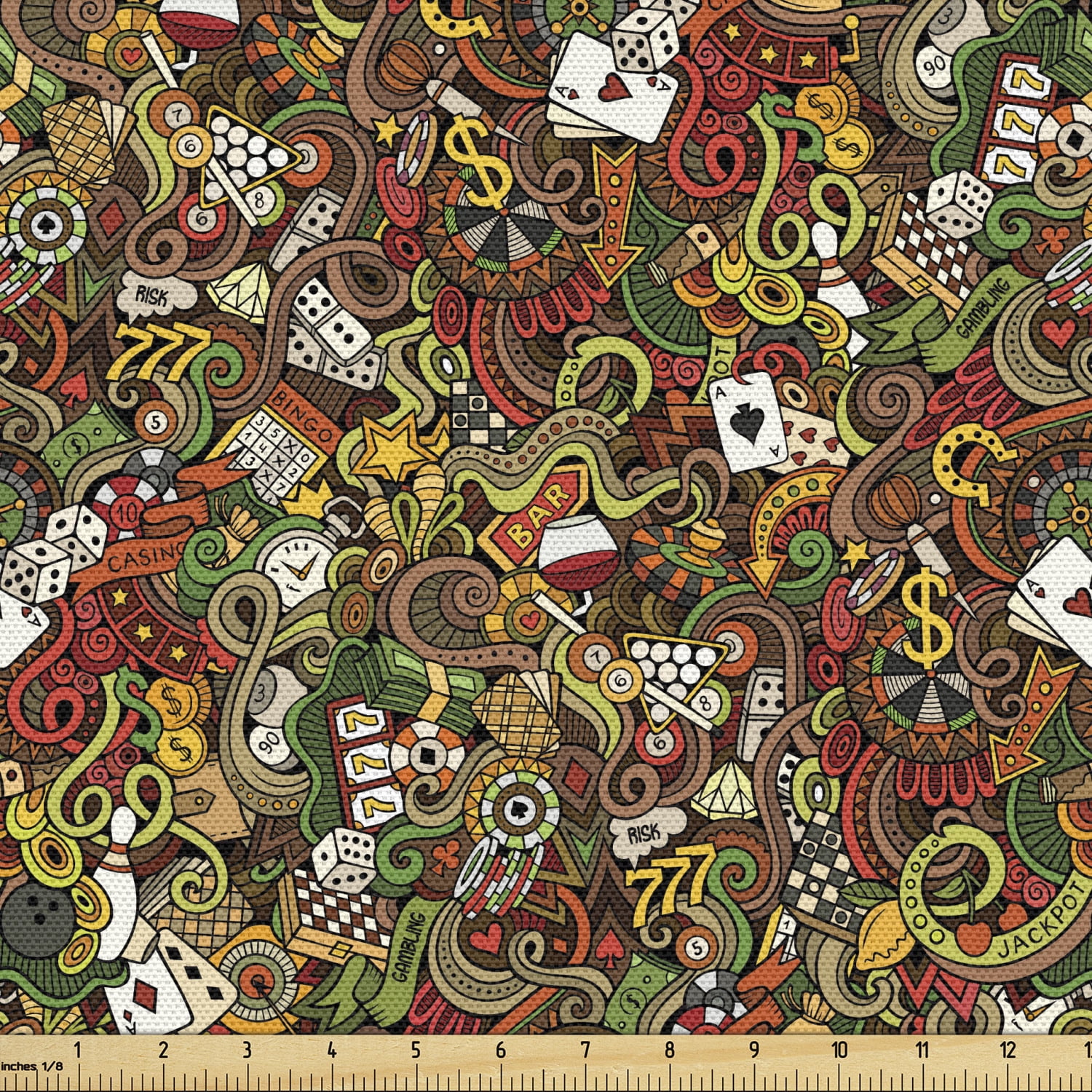 Casino Fabric by the Yard Upholstery Doodles Style Art of Bingo and