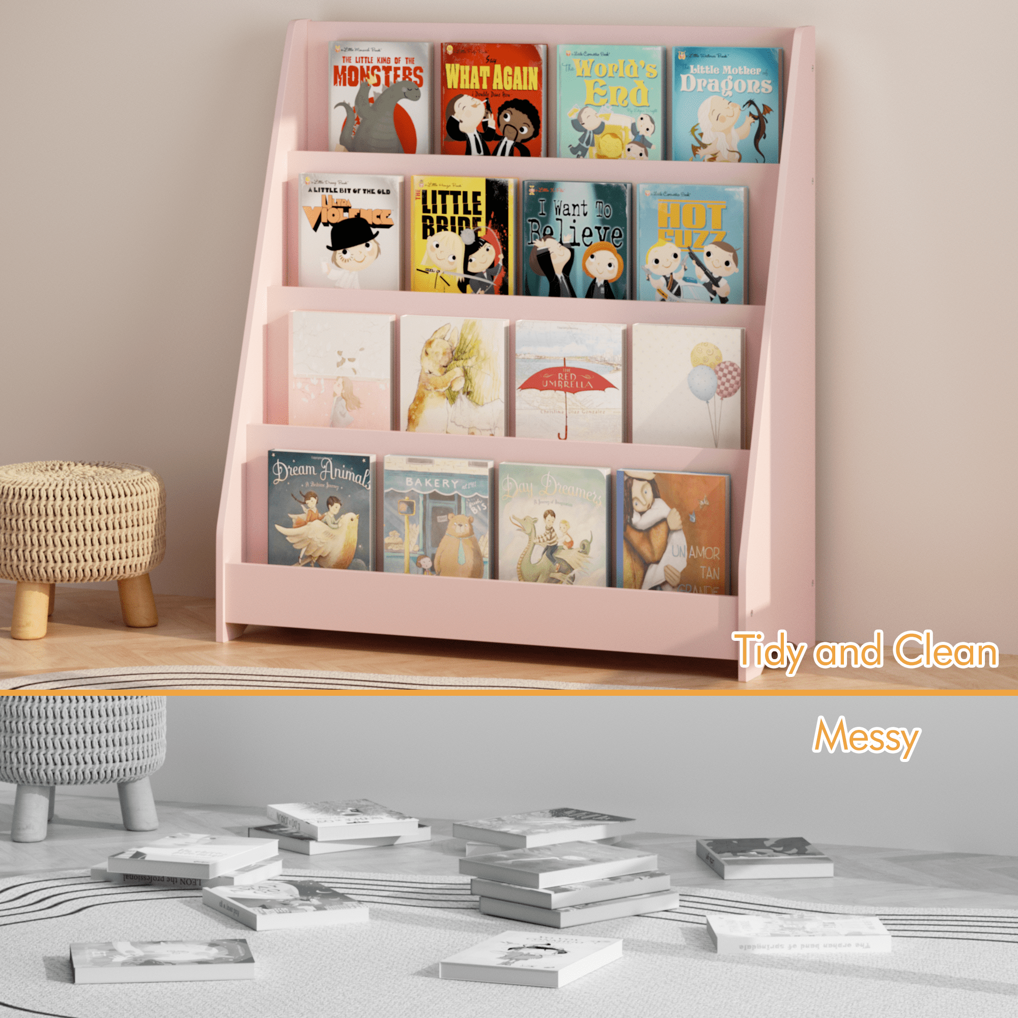 4-Tier Kids Bookshelf, Toddler Book Display Shelves, Helps Keep Bedrooms, Playrooms, and Classrooms Organized, MDF, Pink
