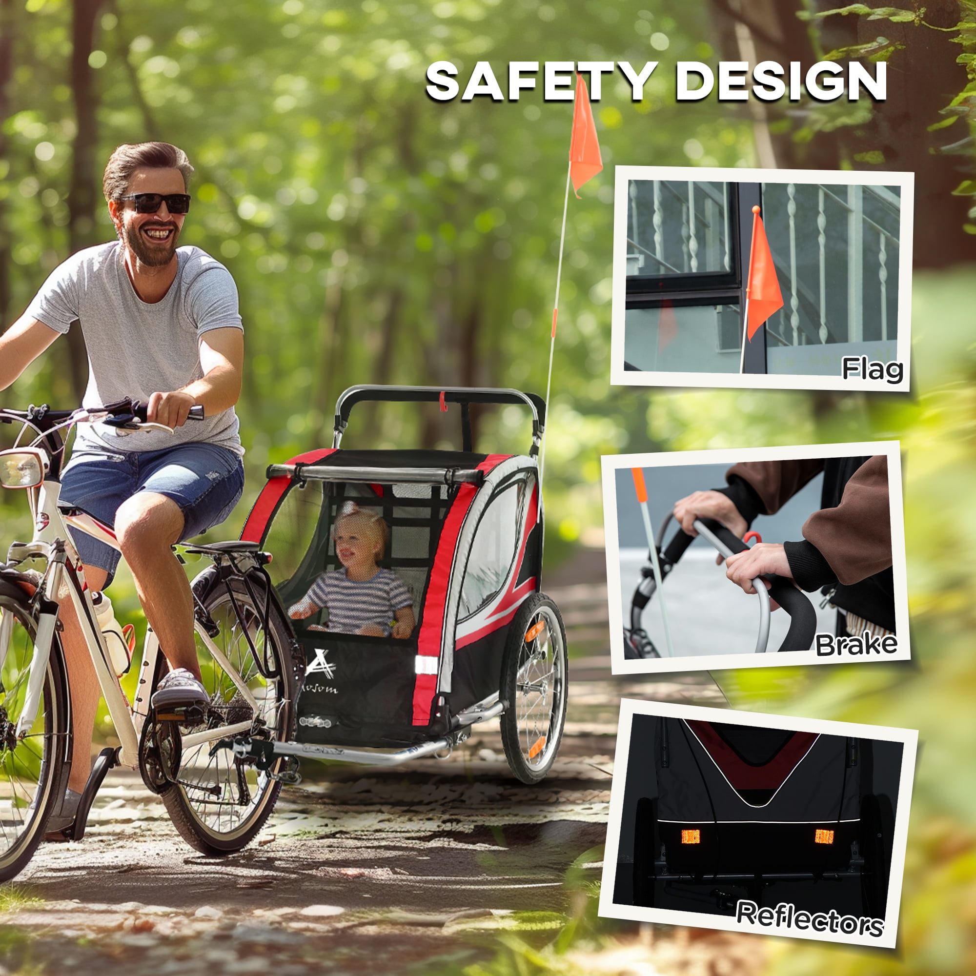 Aosom Baby Bike Trailer for Kids 2 Seater, Bike Stroller, Red