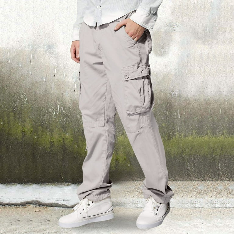nochalofo Gray Winter Full Length Workout Athletic Cargo Pants Men s Four Seasons Street Casual Sports Solid Color Multi Pocket Straight Tube Zipper