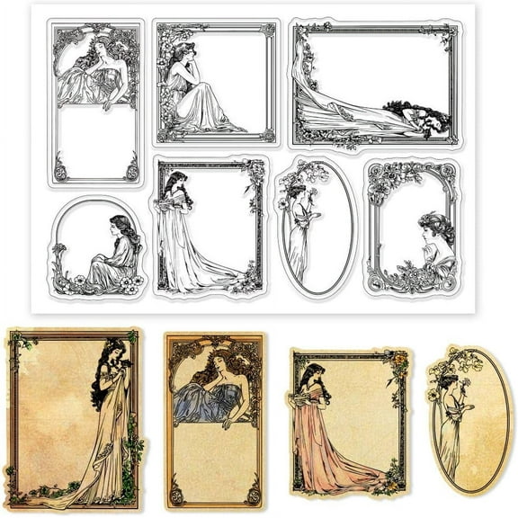 Vintage Woman Border Clear Stamps Vintage Lady Frame Silicone Clear Stamp Seals Flower Frame Transparent Stamps for DIY Scrapbooking Cards Making Photo Album Journal DIY