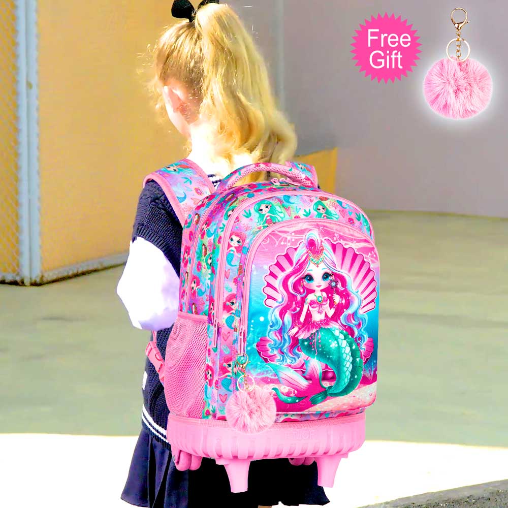 AGSDON 3PCS Rolling Backpack for Girls, 20" Kids Roller Wheels Bookbag, Wheeled School Bag with Lunch Bag - Mermaid Pink