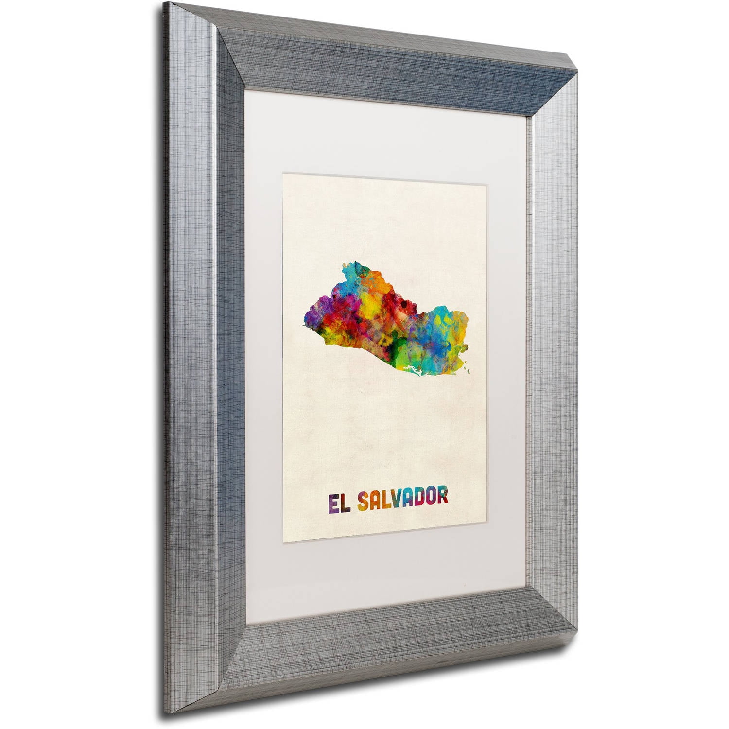 Trademark Fine Art "El Salvador Watercolor Map" Canvas Art by Michael Tompsett, White Matte, Silver Frame