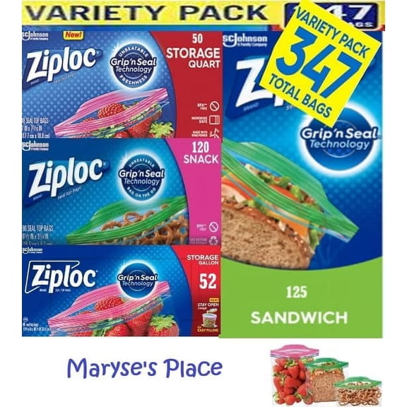 Maryse's Place ZiplocK-Bags, Variety Pack, (347 Bags Total) New Stay Open Design - 52 Storage Gallon Bags - 50 Storage Quart Bags - 120 Snack Bags - 125 Sandwich Bag, clear