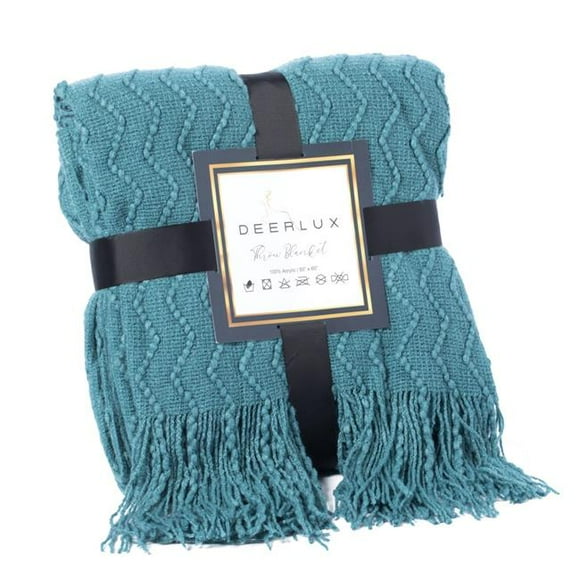 Deerlux QI003968.BL 60 x 50 in. Decorative Chevron Pattern Knit Throw Blanket with Fringe, Blue