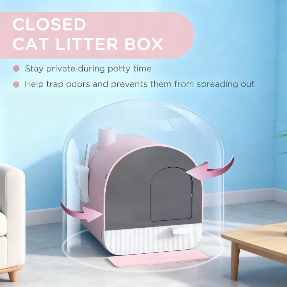 Pink Cat Litter Box with Lid with Scoop and Filter