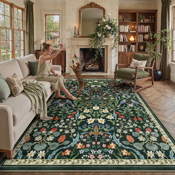 BERTHMEER Area Rugs for Living Room 8x10 Area Rug Green Flora Rug Flower Washable Non Slip Vintage Rug for Bedroom Farmhouse Office Dining Room